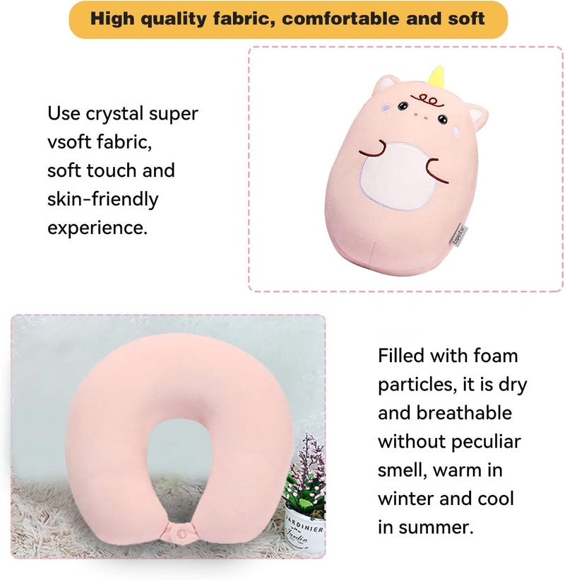 stocaggio Kids Travel Pillow - 2-in-1 Deformable Kids Neck Pillow for Traveling, Soft U-Shaped Pillow with Adorable Animal Design, Comfy Sleep and Play, Ideal for Airplanes and Cars - Pink Unicorn - Image 4